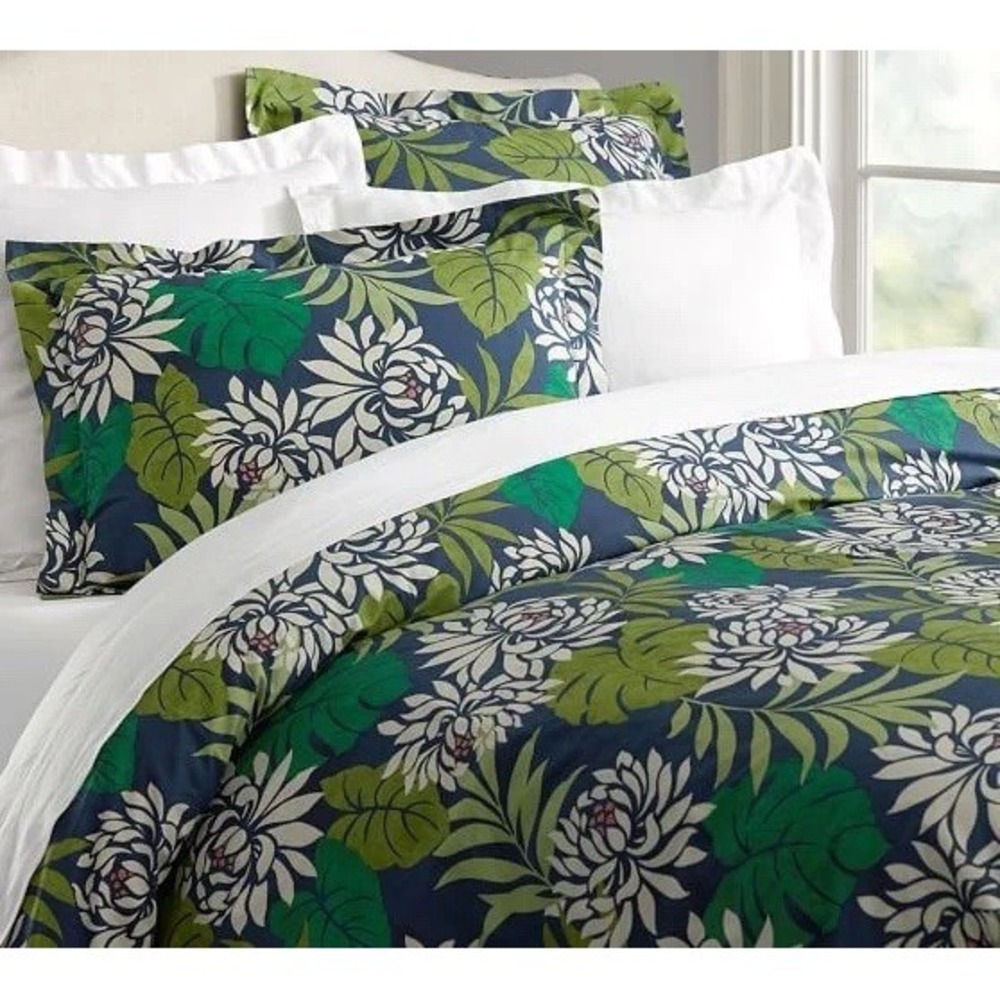 Cece Floral Duvet +2 Euro Sham Pottery Barn Monstera Leaves‎ Tropical